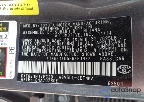 2015 Toyota Camry Le from USA, damaged, VIN 4T4BF1FK5FR461977